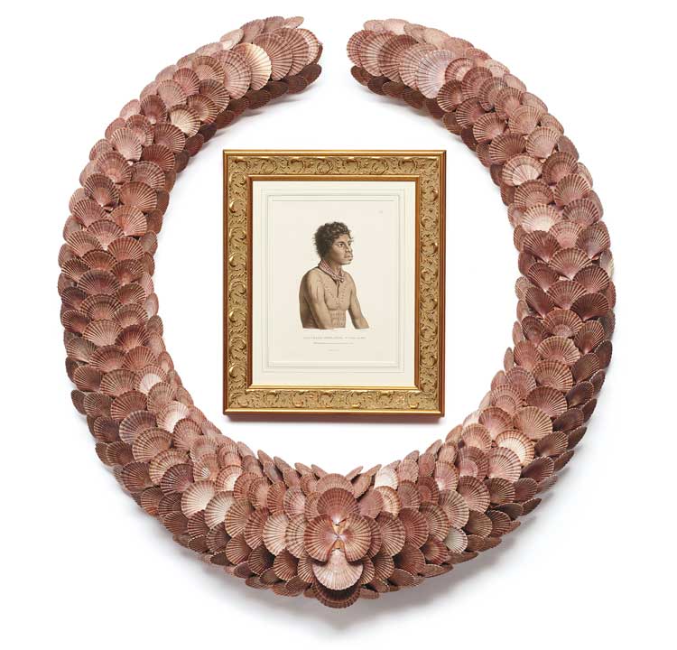 Jonathan Jones. Untitled (remembering Eora), 2021, untitled (remembering Eora: Bedgi Bedgi), 2021. After Barthélemy Roger, after Nicolas-Martin Petit. Australian scallop (Pecten fumatus) shells on polystyrene foam, polyurethane hardcoat and acrylic paint; framed hand-coloured historical engraving, approx 115 × 108 cm. Overall dimensions variable. Photo: Jenni Carter.