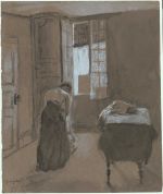Gwen John, Woman Dressing, c1907. Gray wash and Chinese white on medium, slightly textured,
brown wove paper. Yale Center for British Art, Paul Mellon Collection.