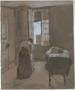 Gwen John, Woman Dressing, c1907. Gray wash and Chinese white on medium, slightly textured,
brown wove paper. Yale Center for British Art, Paul Mellon Collection.