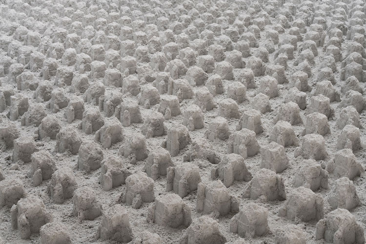 Adam Jeppesen, The Great Filter. A landscape of crumbling sandcastles and semi-collapsed shapes, 150 square metres. Installation view, Brandts, Denmark, 2019. Photo: David Stjernholm.