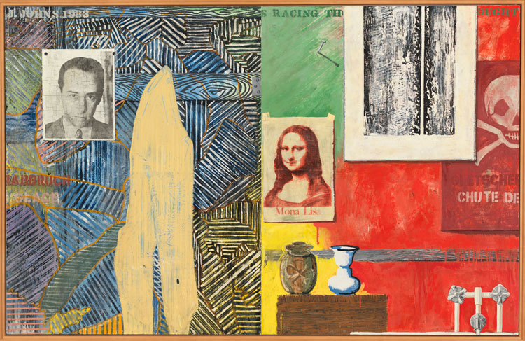 Jasper Johns, Racing Thoughts, 1983. Encaustic and collage on canvas, 48 1/8 x 75 3/8 in (122.2 x 191.5 cm). Whitney Museum of American Art, New York; purchase, with funds from the Burroughs Wellcome Purchase Fund; Leo Castelli; the Wilfred P. and Rose J. Cohen Purchase Fund; the Julia B. Engel Purchase Fund; the Equitable Life Assurance Society of the United States Purchase Fund; The Sondra and Charles Gilman, Jr. Foundation, Inc.; S. Sidney Kahn; The Lauder Foundation, Leonard and Evelyn Lauder Fund; the Sara Roby Foundation; and the Painting and Sculpture Committee 84.6. © 2021 Jasper Johns / Licensed by VAGA at Artists Rights Society (ARS), NY. Photograph by Jamie Stukenberg, Professional Graphics, Rockford, Illinois.
