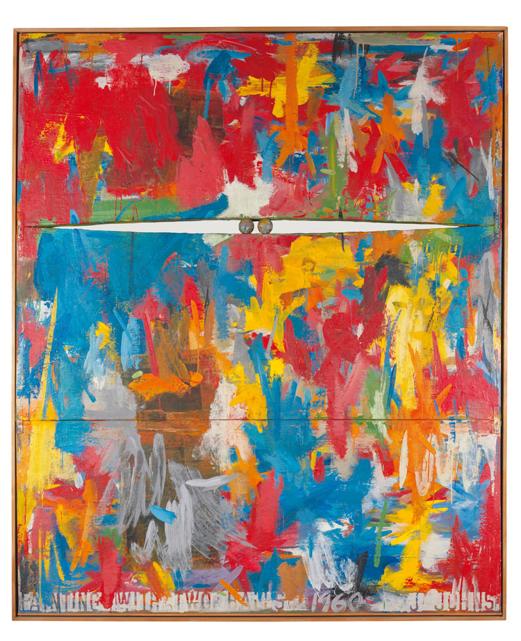Painting with Two Balls, 1960. Encaustic and collage on canvas with objects (3 panels), 65 x 54 1/8 in (165.1 x 137.5 cm). Collection of the artist. © 2021 Jasper Johns/VAGA at Artists Rights Society (ARS), New York.
