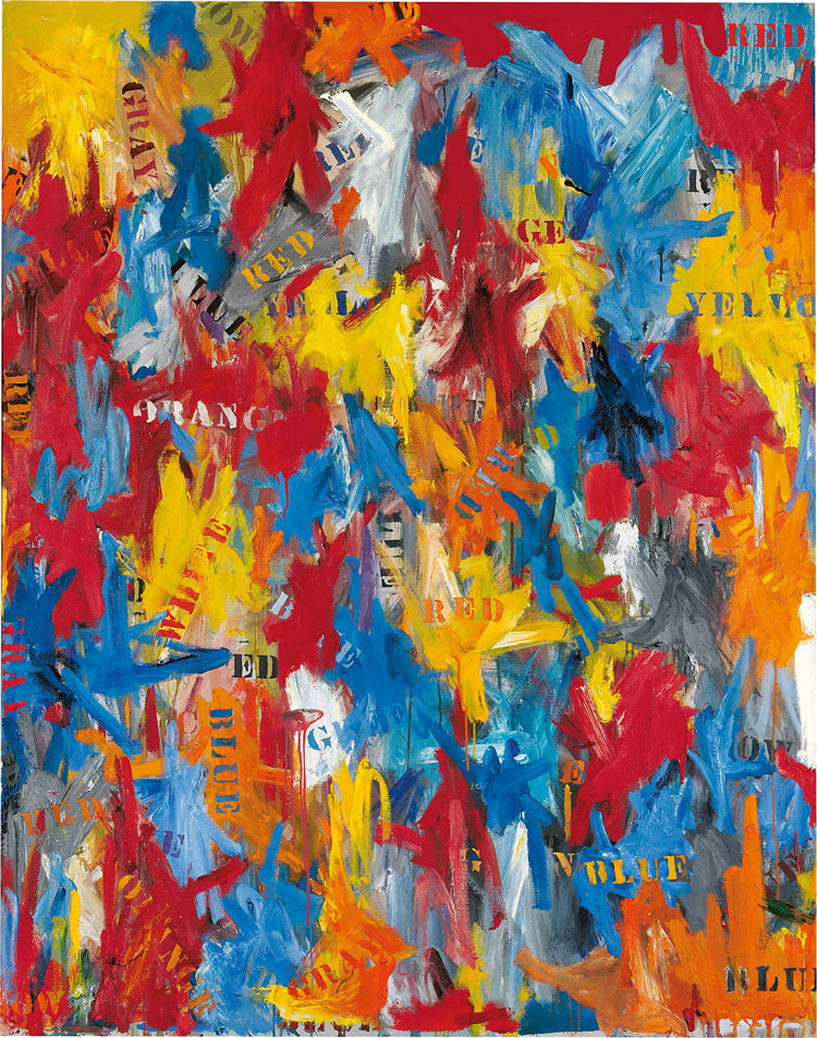 Jasper Johns, False Start, 1959. Oil on canvas, 67 1/2 × 53 1/8 in (171.5 x 134.9 cm). Private collection. © Jasper Johns / Licensed by VAGA at Artists Rights Society (ARS), New York, NY.