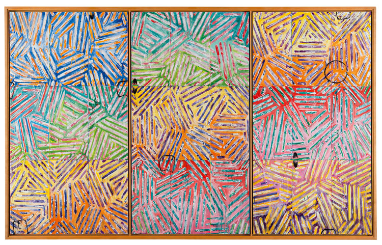 Jasper Johns, Usuyuki, 1982. Encaustic on canvas (three panels), 71 x 113 3/4 in (180.3 × 288.9 cm) overall. Sezon Museum of Modern Art, Nagano, Japan. © 2021 Jasper Johns/VAGA at Artists Rights Society (ARS), New York.
