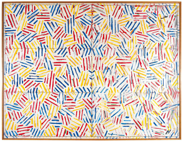 Jasper Johns, Corpse and Mirror II, 1974-75. Oil and sand on canvas (4 panels), 57 5/8 x 75 1/4 in. (146.4 x 191.1 cm). Collection of the Artist. © Jasper Johns / Licensed by VAGA at Artists Rights Society (ARS), New York, NY.