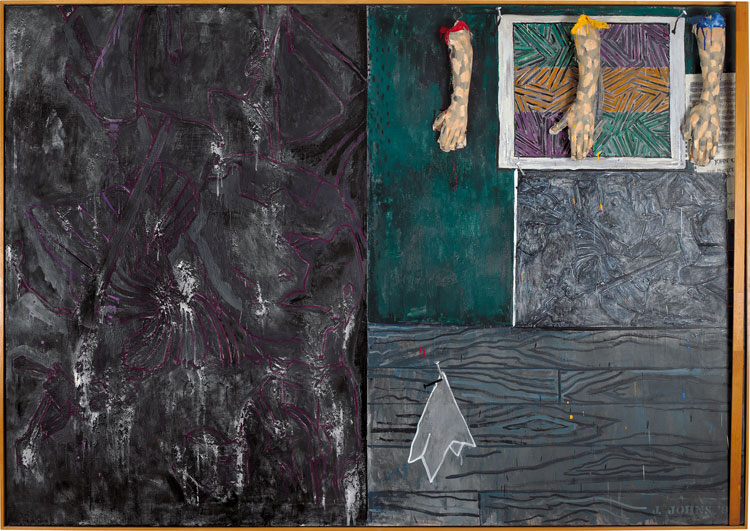 Jasper Johns, Perilous Night, 1982. Encaustic on canvas with objects, 67 1/4 x 96 1/8 in (170.8 x 244.2 cm). National Gallery of Art, Washington, DC; Robert and Jane Meyerhoff Collection, 1995.79.1. © 2021 Jasper Johns/VAGA at Artists Rights Society (ARS), New York.