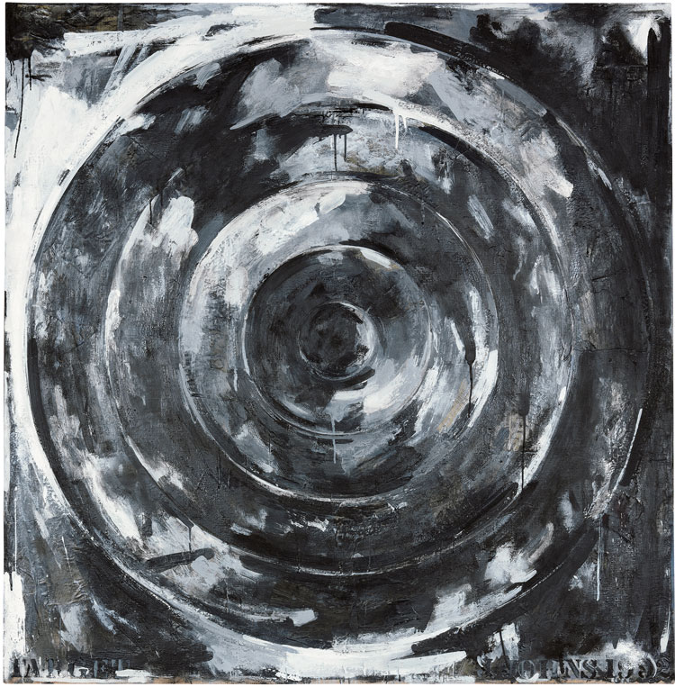 Jasper Johns, Target, 1992. Encaustic and collage on canvas, 55 x 54 1/8 in (139.7 x 137.5 cm). Larry Gagosian. © 2021 Jasper Johns/VAGA at Artists Rights Society (ARS), New York.