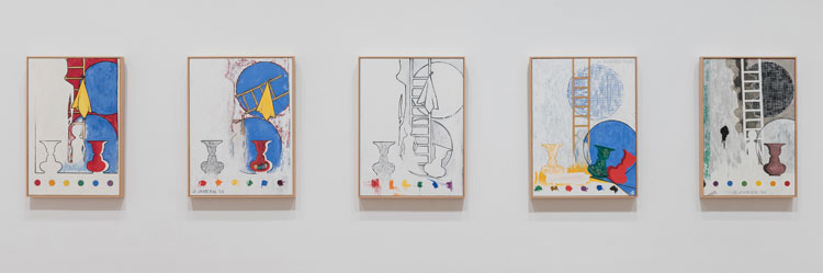 Jasper Johns, 5 Postcards, 2011. From left to right: Encaustic on canvas, 36 x 24 in (91.4 x 61 cm); Oil on canvas, 36 x 27 in (91.4 x 68.6 cm); Oil on canvas, 36 x 27 in (91.4 × 68.6 cm); Oil and graphite on canvas, 36 x 27 in (91.4 x 68.6 cm); Encaustic on canvas, 36 x 24 in (91.4 x 61 cm). Philadelphia Museum of Art: promised gift of Keith L. and Katherine Sachs. © 2021 Jasper Johns/VAGA at Artists Rights Society (ARS), New York.