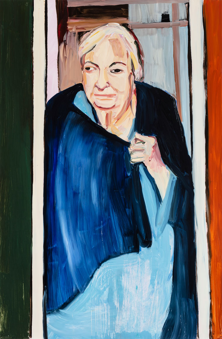 Chantal Joffe. My Mother in a Blue Shawl in her Doorway, 2020. Oil on board, 183 x 120 cm (72 1/8 x 47 1/4 in). © Chantal Joffe. Courtesy the artist and Victoria Miro.