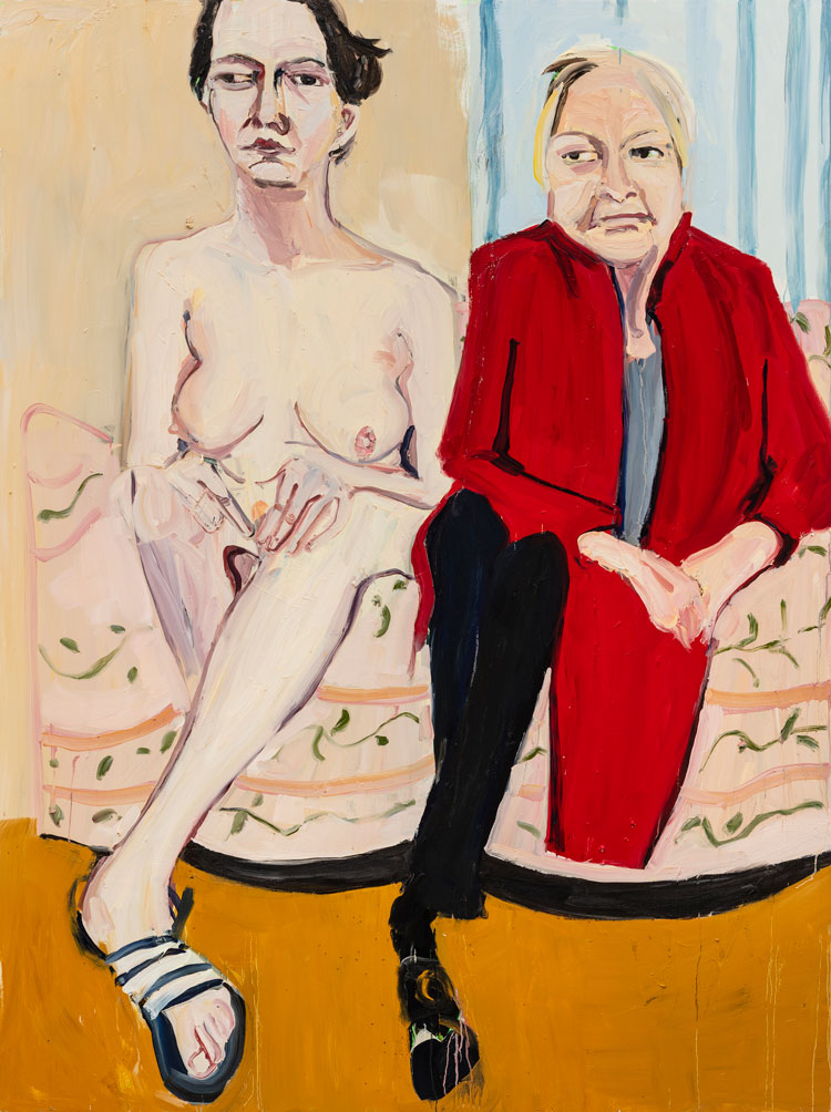 Chantal Joffe. Self-Portrait Naked with My Mother II, 2020. Oil on board, 243 x 181.5 cm (95 5/8 x 71 1/2 in). © Chantal Joffe. Courtesy the artist and Victoria Miro.