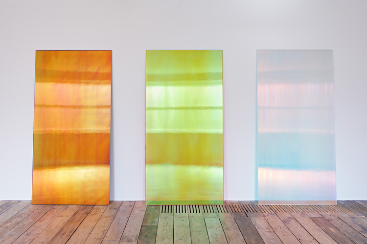 Ann Veronica Janssens. (Left to right): CL2BK, 2015; Pinky Sunset R, 2019; and CL2 Blue Shadow, 2015. Installation view, South London Gallery. Photo: Andy Stagg.