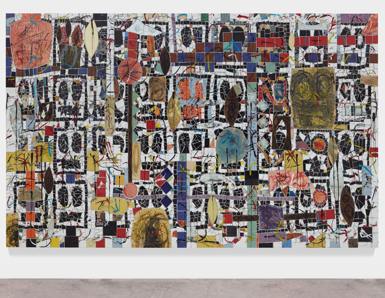 Rashid Johnson. Broken Crowd, 2020. Ceramic tile, mirror tile, spray enamel, oil stick, black soap, wax, 240.7 x 403.9 x 3 cm. Photo: Martin Parsekian. © Rashid Johnson. Courtesy the artist and Hauser & Wirth.