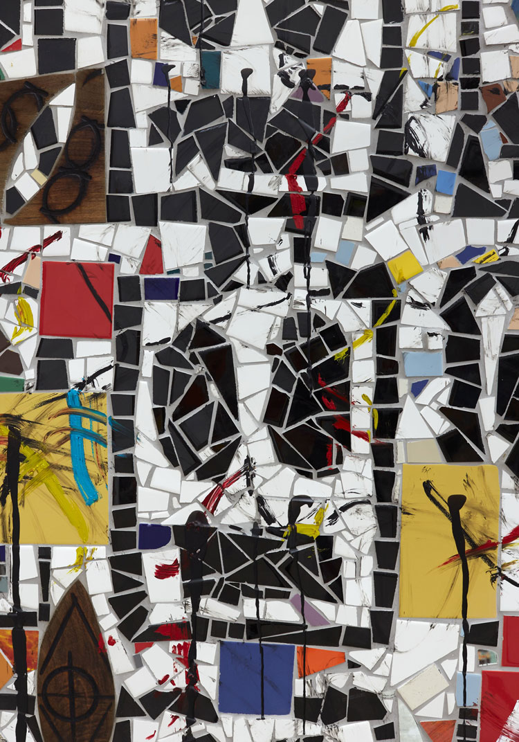 Rashid Johnson. Broken Crowd, 2020 (detail). Ceramic tile, mirror tile, spray enamel, oil stick, black soap, wax, 240.7 x 403.9 x 3 cm. Photo: Martin Parsekian. © Rashid Johnson. Courtesy the artist and Hauser & Wirth.