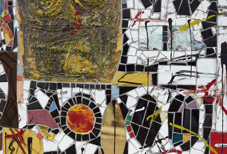 Rashid Johnson. Broken Crowd, 2020 (detail). Ceramic tile, mirror tile, spray enamel, oil stick, black soap, wax, 240.7 x 403.9 x 3 cm. Photo: Martin Parsekian. © Rashid Johnson. Courtesy the artist and Hauser & Wirth.