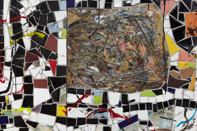 Rashid Johnson. Broken Crowd, 2020 (detail). Ceramic tile, mirror tile, spray enamel, oil stick, black soap, wax, 294.6 x 491.5 x 7.6 cm. Photo: Martin Parsekian. © Rashid Johnson. Courtesy the artist and Hauser & Wirth.