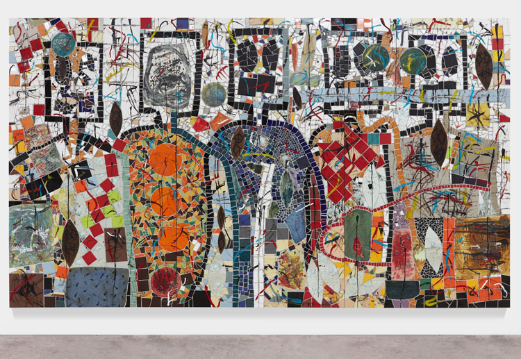 Rashid Johnson. The Broken Five, 2020. Ceramic tile, mirror tile, spray enamel, oil stick, black soap, wax, 250.2 x 430.5 cm. Photo: Martin Parsekian. © Rashid Johnson. Courtesy the artist and Hauser & Wirth.