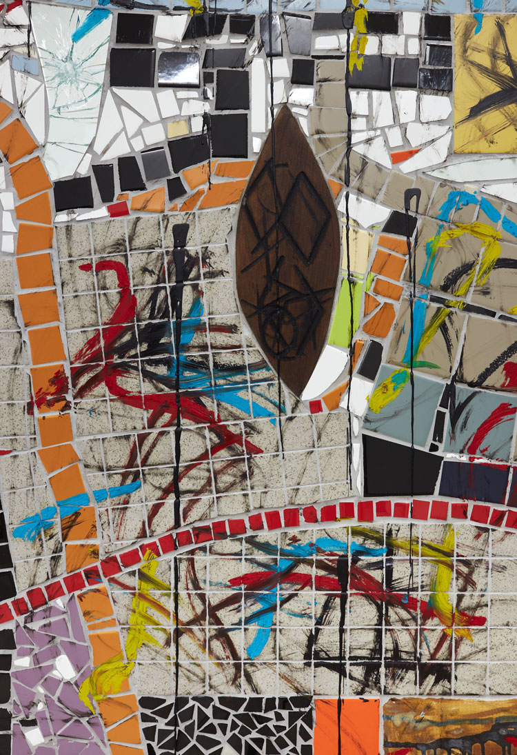 Rashid Johnson. The Broken Five, 2020 (detail). Ceramic tile, mirror tile, spray enamel, oil stick, black soap, wax, 250.2 x 430.5 cm. Photo: Martin Parsekian. © Rashid Johnson. Courtesy the artist and Hauser & Wirth.