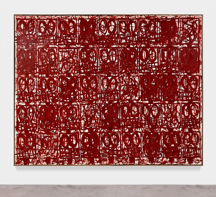 Rashid Johnson. Anxious Red Painting August 13th, 2020. Oil on linen
239.1 x 305.1 x 5.1 cm. Photo: Martin Parsekian. © Rashid Johnson. Courtesy the artist and Hauser & Wirth.