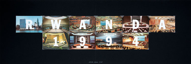 Alfredo Jaar, Rwanda 1994, 1994. Ten postcards, Letraset, 40 x 106.7 cm. Image courtesy of Goodman Gallery.