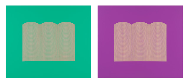 Tess Jaray. After Damascus Pair 1 Green & Purple, 2009. 75 x 88 x 2 cm. Photo: Sam Roberts. © the artist.