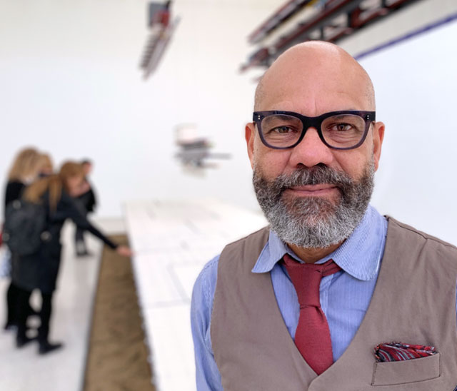 Remy Jungerman speaking to Studio International at the opening of The Measurement of Presence, Dutch Pavilion, Venice Biennale 2019. Photo: Martin Kennedy.