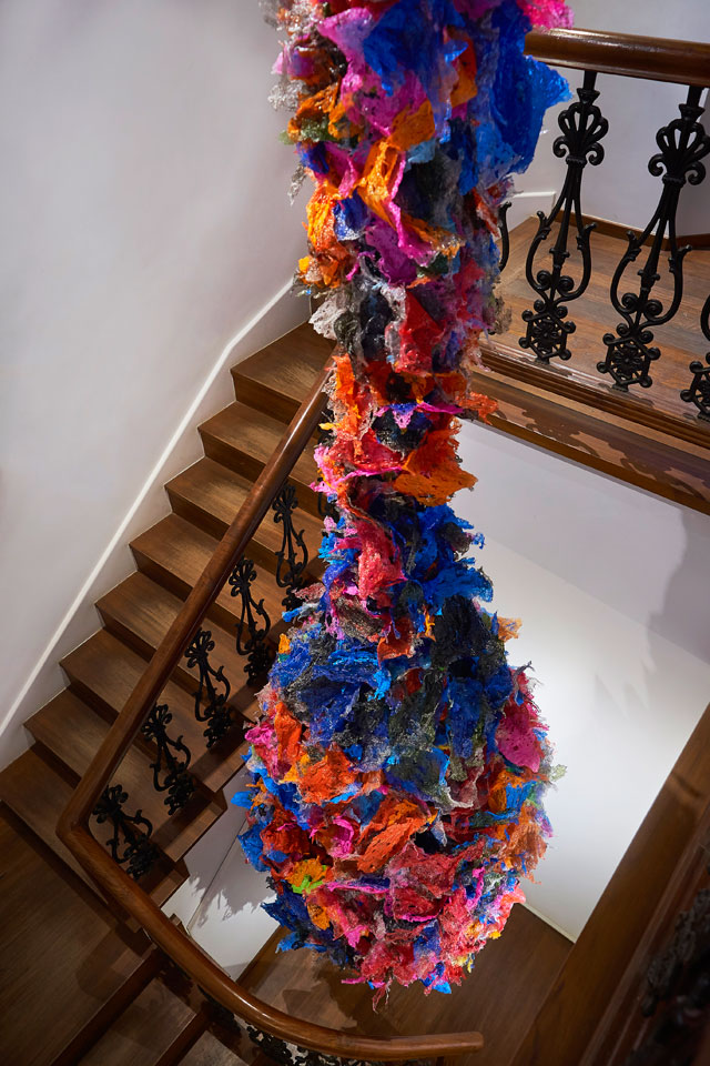 Aaditi Joshi. Untitled, 2018. Site-specific installation, fused plastic bags, acrylic colour, wood armature, 216 x 48 x 40 in.  Photo: Ashish Chandra. Courtesy TARQ and the artist.