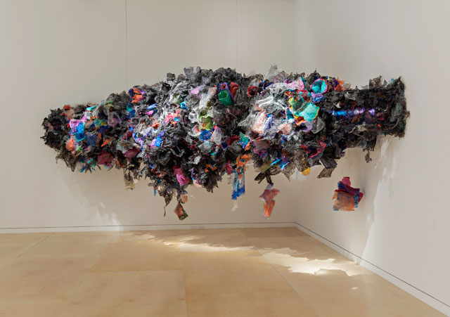 Aaditi Joshi. Untitled, 2016. Site-specific installation, fused plastic bags, acrylic paint, LED lights, wood armature, 288 x 78 x 108 in. Courtesy Museum of Fine Arts, Boston.