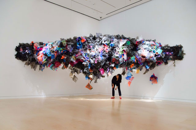 Aaditi Joshi. Untitled, 2016. Site-specific installation, fused plastic bags, acrylic paint, LED lights, wood armature, 288 x 78 x 108 in.  Courtesy Museum of Fine Arts, Boston.