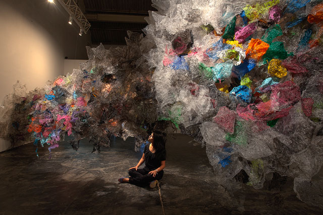 Aaditi Joshi. Untitled VII, 2011. Site-specific installation, fused plastic bags, acrylic paint, LED lights, wood armature, 432 x 94 x 110 in. Photo: David Desouza. Courtesy Gallery Maskara, Mumbai.