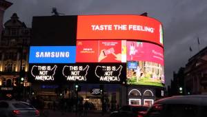 The first UK screening of Chilean artist Alfredo Jaar’s iconic work, A Logo for America, at London’s Piccadilly Circus