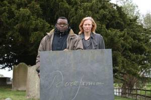 Derek Jarman. Isaac Julien and Tilda Swinton at Derek Jarman's grave. Photograph: Nina Kellgren