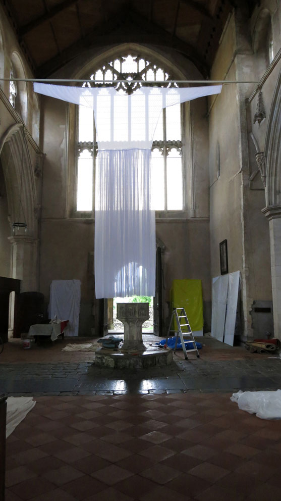 Clare Jarrett. Dress, 2016. Installation, St Margaret’s Church, Cley, Norfolk, polyvoile, stitching, 600 x 700 cm.