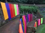 Clare Jarrett. Plantation Garden installation, Norwich, 2014, 27 sari lengths.