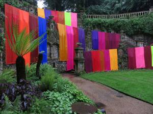 Clare Jarrett. Plantation Garden installation, Norwich, 2014, 27 sari lengths.