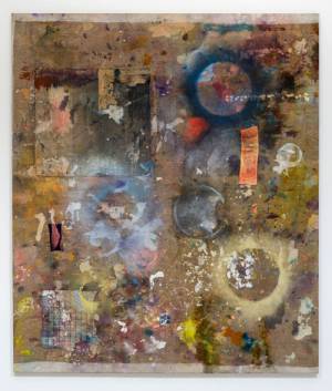 Nick Jeffrey. Bringin three spare tyres, 2013-2014. Ink, acrylic, pigment, spray paint, bleach,  found screen print, fabric on linen, 190 x 160 cm.