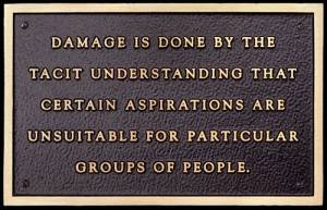 Jenny Holzer. Damage is done by the tacit understanding... Text: Living Series (1980-1982), 1981.  Text on cast bronze plaque, 15.2 x 24.1 cm.  © 1981 Jenny Holzer, member Artists Rights Society (ARS), NY.