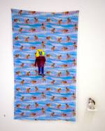 Jenny Watson. <em>Toddler with lolly pop</em> 2009. Acrylic on rabbit skin glue primed Bambi print cotton + vintage American ceramic rooster, 190 cm x 110 cm. Courtesy Transit Gallery, Mechelen, Belgium.