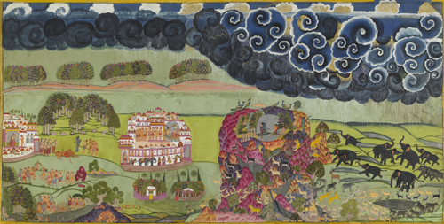 <em>Death of Vali; Rama and Lakshmana Wait Out the Monsoon. </em>From the <em>Ramcharitmanas </em>of Tulsidas (1532–1623). Jodhpur, c. 1775. Copyright © Mehrangarh Museum Trust.