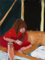 Chantal Joffe. Esme in the Beach Hut, 2015. Pastel on paper board, 40 x 30 cm (15 3/4 x 11 3/4 in). Courtesy the artist and Victoria Miro, London. © Chantal Joffe.