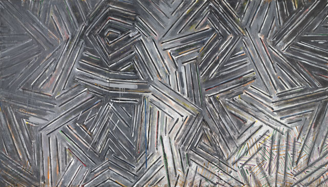 Jasper Johns. Between the Clock and the Bed, 1982-83. Encaustic on canvas (three panels), 72 x 126¼ in (182.9 x 320.7 cm). Virginia Museum of Fine Arts, Richmond, Gift of the Sydney and Frances Lewis Foundation. Art © Jasper Johns / Licensed by VAGA, New York, NY.