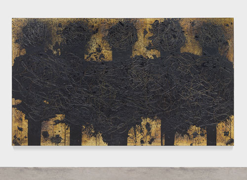 Rashid Johnson. Hollywood Shuffle, 2013, burned red oak flooring, black soap, wax, 243.8 x 426.7 x 7.6 cm. © Rashid Johnson. Courtesy the artist and Hauser & Wirth. Photograph: Martin Parsekian.