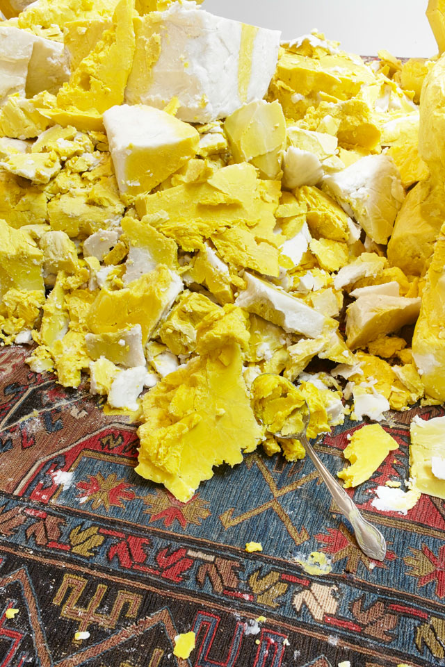 Rashid Johnson. Untitled (shea butter table), 2016 (detail). Shea butter, Persian rug, branded walnut, 139.7 x 517.5 x 184.2 cm (55 x 203 3/4 x 72 1/2 in).