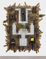 Rashid Johnson. Falling Man, 2015. Burned red oak flooring, spray enamel, mirror, black soap, wax, shea butter, book, rug, 293.4 x 261.6 x 65.4 cm (115 1/2 x 103 x 25 3/4 in)>