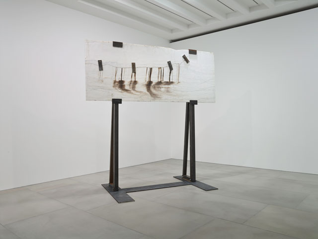 Michael Joo. Prologue (Montclair Danby Vein Cut), 2014-15. Danby Quarry marble, silver nitrate, steel, 304.8 x 302.9 x 63.5 cm (120 x 119¼ x 25 in). Courtesy the artist and Blain Southern. Photograph: Peter Mallet.