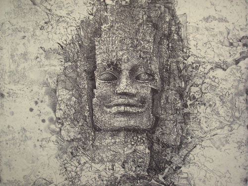 Jörg Schmeisser. <em>Face above the West Gate of Angkor Thom</em>, 1999. Etching 317 mm x 400 mm.