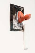 Sophie Jung. Ensuite: “SOLITUDE TER-MI-NEE” (detail), 2016. Mixed media installation, performance, audio file (Italian bathroom fittings, photocopies, Pearl-Ex, packing foam, 3D printed sentences). Photograph: Toni Hafkenscheid.