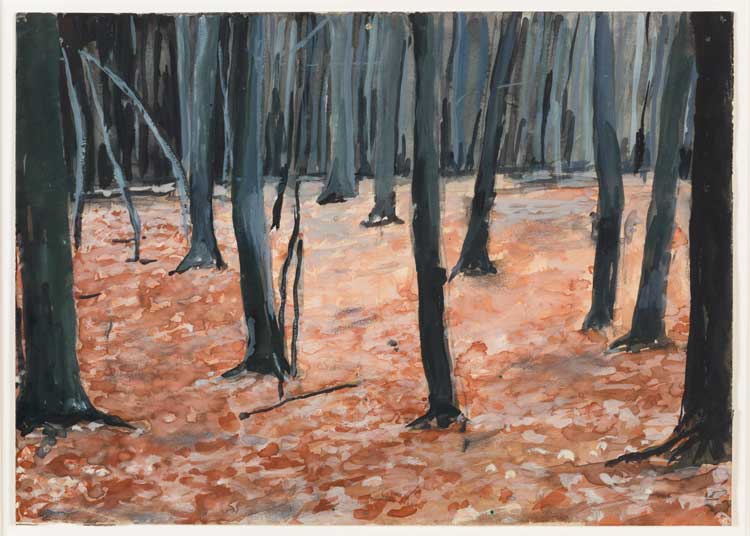 Anselm Kiefer. Wald (Forest), 1973–74. Watercolour on paper, 17 x 24 cm. Hall Collection. Courtesy of the Hall Art Foundation. © Anselm Kiefer. Photo: Adam Reich
