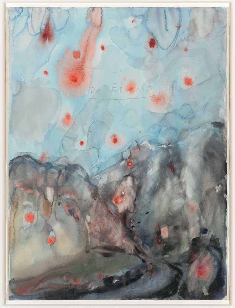 Anselm Kiefer. Die Etsch (The Adige), early-1970s. Watercolour, gouache and ink on paper, 56 x 41 cm. Hall Collection. Courtesy of the Hall Art Foundation. © Anselm Kiefer. Photo: Mark-Woods.com