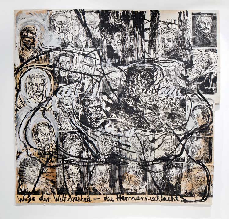 Anselm Kiefer. Wege der Weltweisheit - die Hermannsschlacht (Ways of Worldly Wisdom - The Battle of Hermann), 1977. Woodcuts on paper with acrylic and shellac mounted on synthetic fabric, 305 x 321 cm. Hall Collection. Courtesy of the Hall Art Foundation. © Anselm Kiefer. Photo: Roman März.