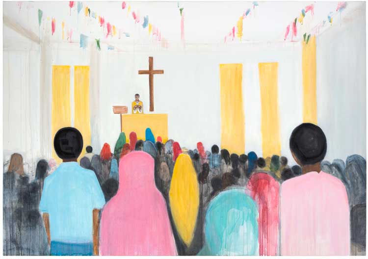 Matthew Krishanu, Communion, 2017. Oil and acrylic on canvas. Private collection. Image courtesy of Tanya Leighton, Berlin & Los Angeles. Photo: Peter Mallet.